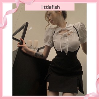 [littlefish] ชุดเสื้อแขนสั้น และกระโปรงสั้น เอวสูง แต่งรูกลวง สไตล์สตรีท หรูหรา เหมาะกับฤดูร้อน สําหรับผู้หญิง