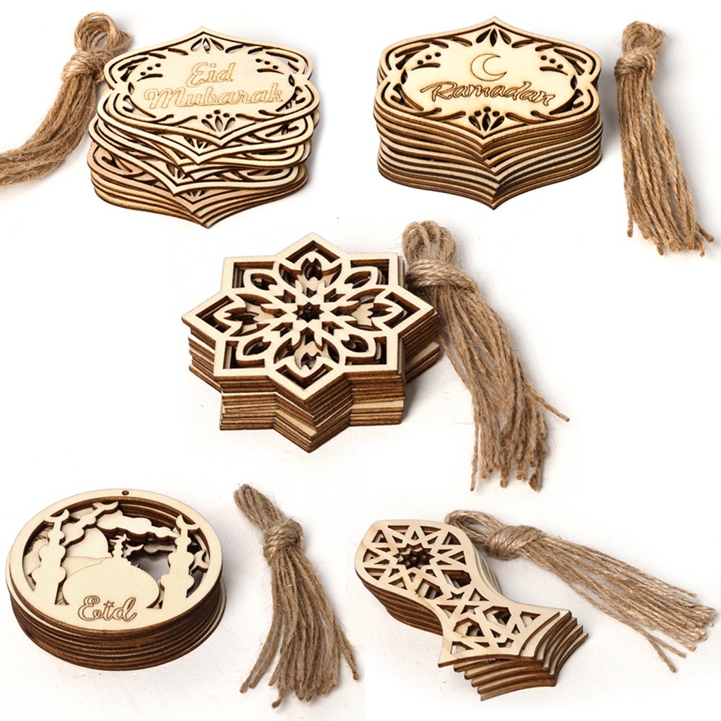 1 ชิ้นไม้ Eid Mubarak จี้ Ramadan Dropping DIY Eid Mubarak ตกแต่ง Hajj Mubarak Party Supplies Moon E