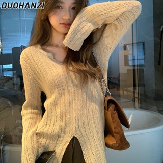 Duohanzi เสื้อยืดแขนยาว คอวี สีพื้น สไตล์เกาหลี สําหรับผู้หญิง