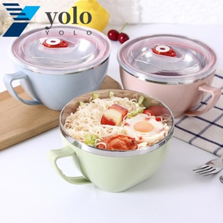 Yolo ชามใส่อาหาร ซุป ก๋วยเตี๋ยว แบบสองชั้น สเตนเลส มีฉนวนกันความร้อน ป้องกันน้ําร้อนลวก พร้อมฝาปิด