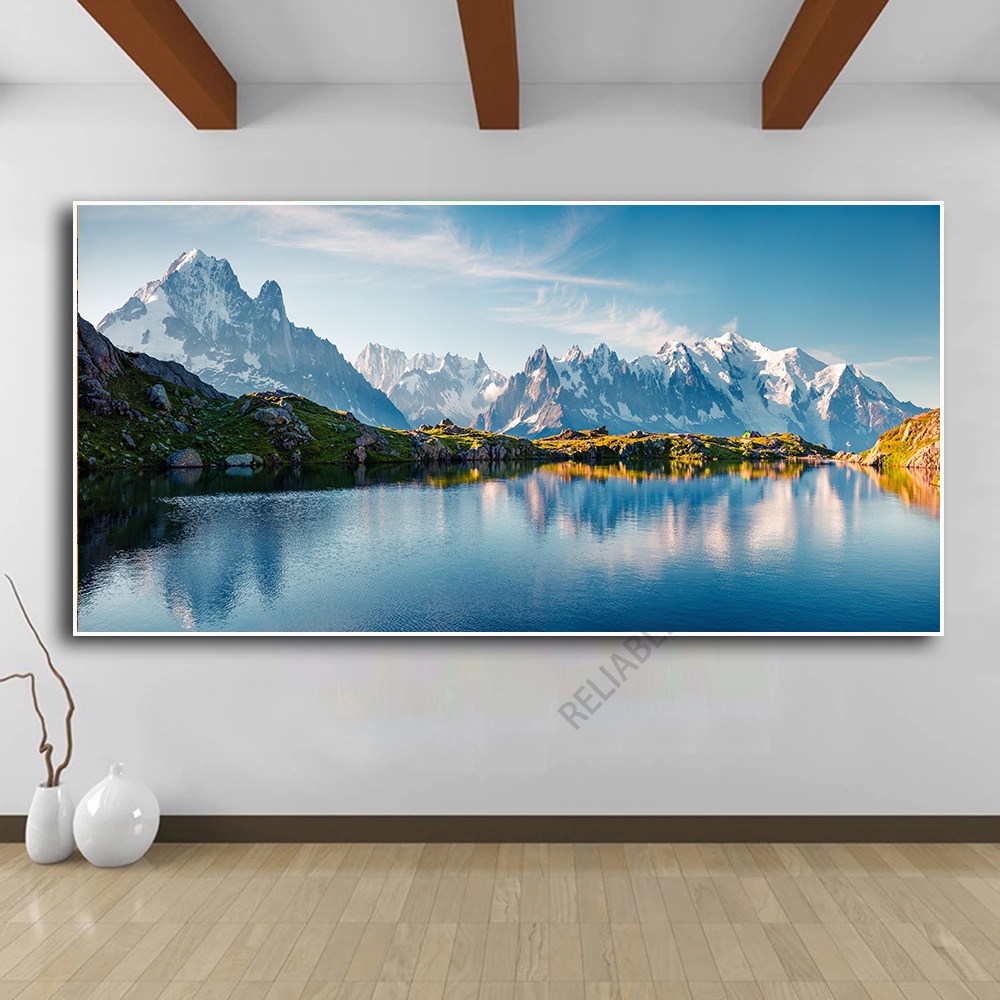 ภาพวาดผ้าใบทิวทัศน์ธรรมชาติที่สวยงามภูมิทัศน์ทะเลสาบภูเขาภาพขนาดใหญ่
