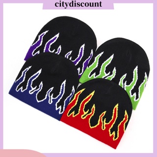 &lt;citydiscount&gt; หมวกบีนนี่ ผ้าถัก แบบหนา ให้ความอบอุ่น พิมพ์ลายเปลวไฟ แฟชั่นฤดูหนาว สําหรับผู้ชาย