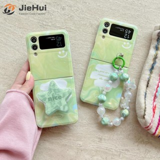 Jiehui เคสโทรศัพท์มือถือ ลายกราฟฟิตี้ภาษาอังกฤษ กราฟฟิตี้ สีเขียว พร้อมสายโซ่คล้อง สําหรับ Samsung Z Flip4 Z Flip3