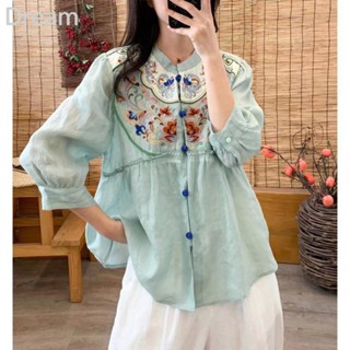 Heavy industry embroidered cotton and linen shirt Womens stand collar buckle cardigan seven-quarter sleeve Internet celebrity shirt