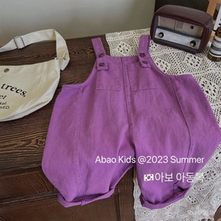 Spring and summer girls purple suspender pants washed cotton 9 pants one-piece jumpsuit Western style all-match baby two-piece suit trendy LNIA