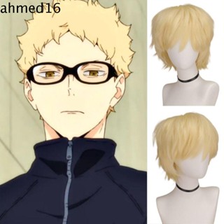 Ahmed วิกผม Tsukishima Kei สีบลอนด์ดํา Haikyuu!! วิกผมสั้น คอสเพลย์เท็ตสึโร่ สําหรับปาร์ตี้ฮาโลวีน