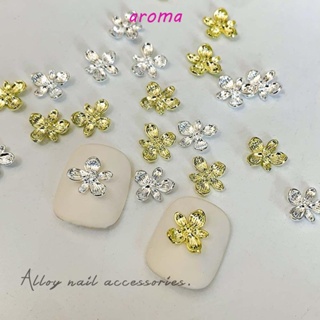 Aroma อุปกรณ์ตกแต่งเล็บ รูปโบว์ ดอกไม้ 3D สีทอง สีเงิน แฟชั่น สําหรับผู้หญิง