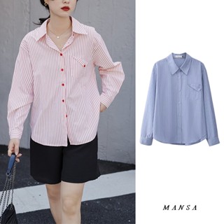 MANSA blue striped shirt เสื้อโอเวอร์ไซส์ผู้หญิง เสื้อเชิ้ตลายทาง เสื้อเชิ๊ต