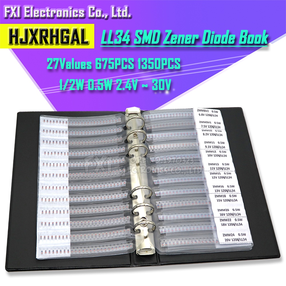 27 ค่า 675/1350PCS LL34 SMD Zener Diode Book 1/2W 2.4v ~ 30v Package Assorted Kit 0.5W ตัวอย่างหนังส
