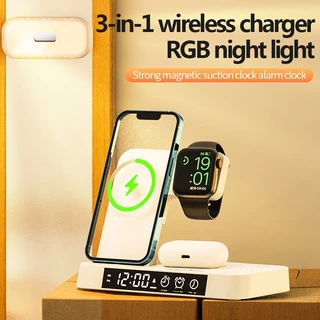 GOOJODOQ 4 in 1 แท่นชาร์จหูฟังไร้สาย พร้อมนาฬิกาปลุก และไฟกลางคืน สําหรับ iPhone Watch
