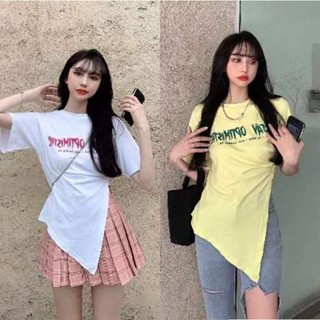 พร้อมส่ง เสื้อแขนสั้นแบบไม่สม่ำเสมอ เสื้อยืดแขนสั้นเนื้อผ้าฝ้าย 100% สไตล์เกาหลีสําหรับผู้หญิง