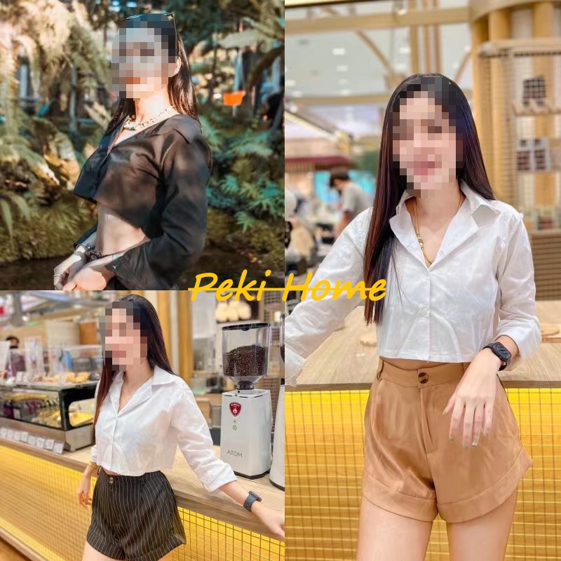 เสื้อเชิ้ตครอปคอปกกระดุมหน้า