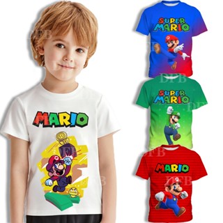 เสื้อยืด พิมพ์ลายการ์ตูนอนิเมะ Super Mario แฟชั่นฤดูใบไม้ผลิ ฤดูร้อน สําหรับเด็กผู้ชาย