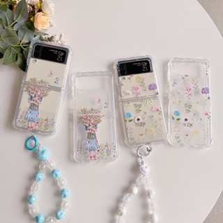 เคสโทรศัพท์มือถือ TPU ลายดอกไม้ พร้อมสายโซ่คล้อง กันกระแทก สําหรับ Samsung Galaxy Z Flip 4 5G Z Flip 3