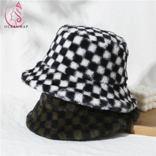 OCEANMAP Portable Korean Style Caps Foldable Checkerboard Hat Wool Bucket Hat Plaid Autumn and Winter Warm Girl Simple For Women Female Hats