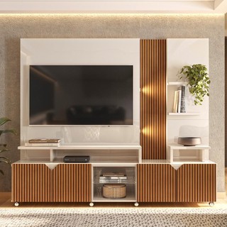 Estante Home para TV até 55" Impressão Ripada Cross Lukaliam Off White/Tauari - Lukaliam Móveis