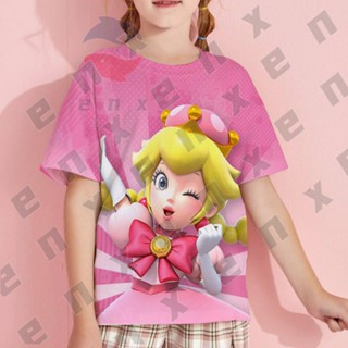 เสื้อยืดแขนสั้น พิมพ์ลาย Super Princess Peach Mario แฟชั่นสําหรับเด็กผู้หญิง อายุ 3-13 ปี A893