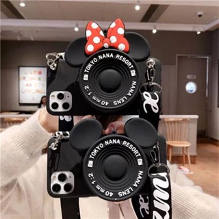 For OPPO A76 A96 A17 A17K A16K A78 Realme 8i 9i C35 C33 C55 C30 Reno 7 7Z 8Z 8 8T 3D Camera Mickey Minnie Wallet Bags Phone Case With Lanyard