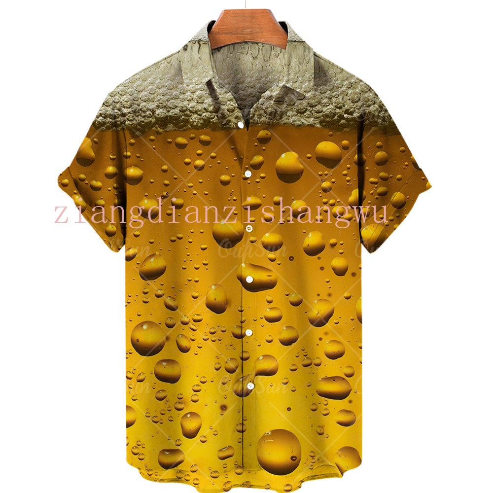 เสื้อเชิ้ตแขนสั้นลําลอง คอปก ทรงหลวม ระบายอากาศได้ดี พิมพ์ลายเบียร์ 3 มิติ เหมาะกับเดินชายหาด แฟชั่นฤดูร้อน สไตล์สตรีท สําหรับผู้ชาย