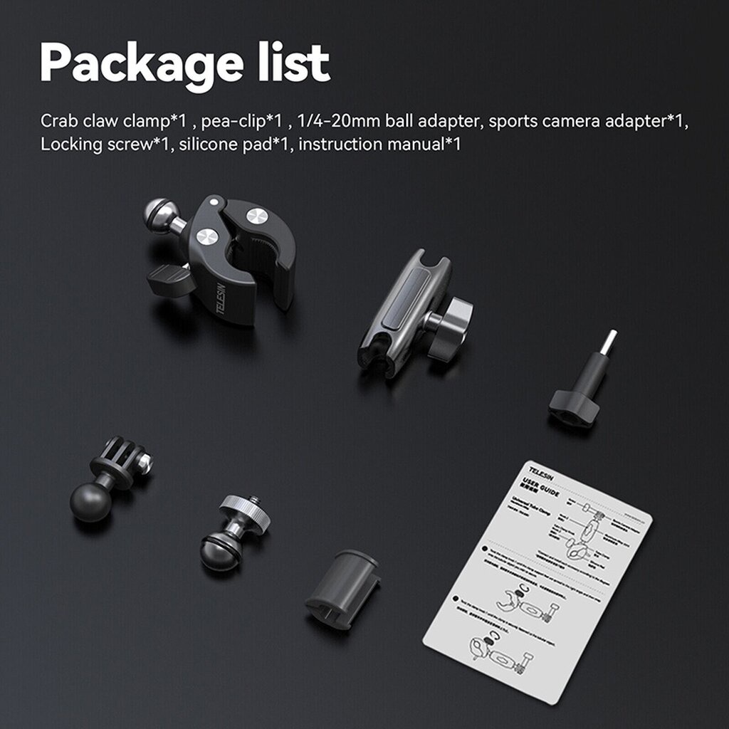 Telesin Universal Tube Clamp (Aluminium Body) Motorcycle Cycling Crab Claw Clip Magic Arm 360 Adjustment Super Clamp 1/4