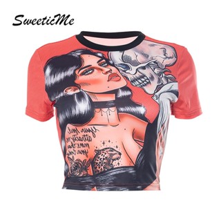 Sweeticme เสื้อยืดลําลอง แขนสั้น คอกลม พิมพ์ลาย สีคมชัด แฟชั่นฤดูร้อน สําหรับสตรี 2023