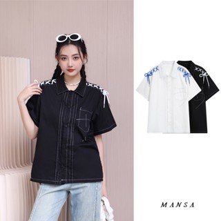 MANSA white oversized shirt เสื้อโอเวอร์ไซส์ เสื้อเชิ้ตแขนสั้น เสื้อเชิ้ตสาวอวบ