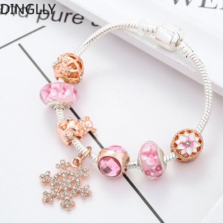 Dinglly สร้อยข้อมือ ลูกปัดแก้ว สีชมพู สําหรับผู้หญิง แฟชั่น Diy โรสโกลด์ อัลลอย ลูกปัด เสน่ห์