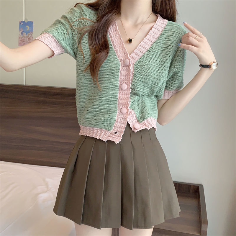 Classy .girl～เสื้อถัก หลากสีคอวีเสื้อแขนสั้นถักนิตติ้ง เวอร์ชั่นเกาหลีอาวุโสอ่อนโยนเก๋ไก๋ระดับไฮเอนด์เสื้อถัก#DZ00429