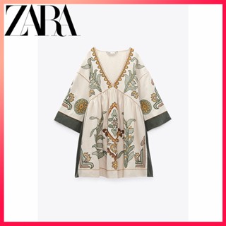 Zara ใหม่ ชุดเดรสสั้น ผ้าลินิน ปักลาย สําหรับสตรี