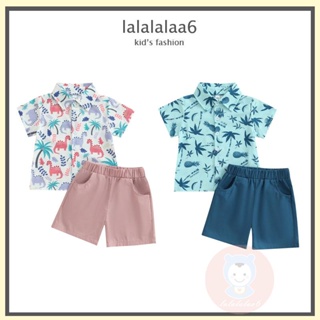 Laa6- เสื้อเชิ้ตแขนสั้น พิมพ์ลายไดโนเสาร์น่ารัก และกางเกงขาสั้น สําหรับเด็กผู้ชาย