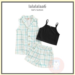 Laa6- เสื้อกั๊ก คอปก ลายสก๊อต ฤดูร้อน + เสื้อกล้าม + กางเกงขาสั้น เอวยางยืด สําหรับเด็กผู้หญิง