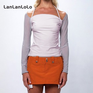 Lanlanlolo เสื้อซีทรูแขนยาวลําลอง ผ้าตาข่าย สีคอนทราสต์ สําหรับผู้หญิง 2023