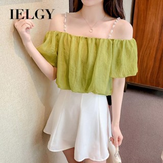 IELGY เสื้อเชิ้ตแขนสั้น ผ้าชีฟอง เปิดไหล่ข้างเดียว ลายอะโวคาโด สีเขียว สําหรับผู้หญิง