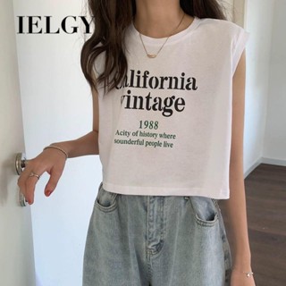 IELGY sleeveless t-shirt womens short letter print vest shoulder loose top