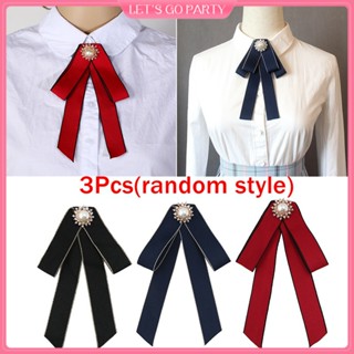 3pcs Preppy Style Bow Tie Ribbon Pre-Tied Neck Tie Brooch Pin for Women Girls,Random Bead Style