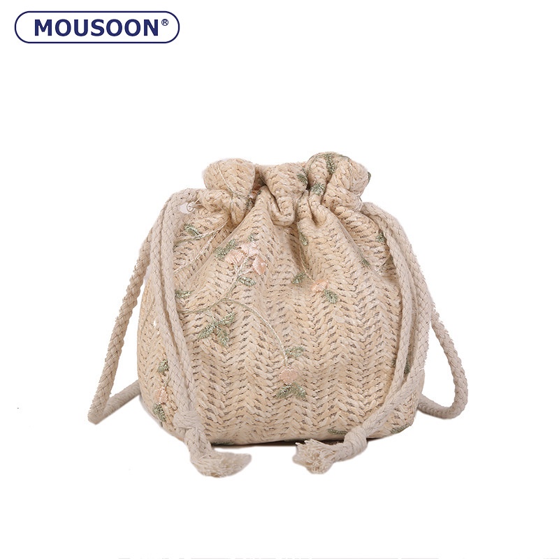 Mousoon Women กระเป๋าสะพายข้างแบบผูกเชือกพร้อมกระเป๋าถังหูรูด