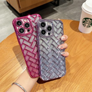 เคสโทรศัพท์มือถือ TPU แบบนิ่ม ลายตาราง 3D ประดับกลิตเตอร์ ไล่โทนสี สําหรับ iPhone 14 13 12 11 Pro Max 12Pro 13Pro 14Pro 12ProMax 13ProMax 14ProMax