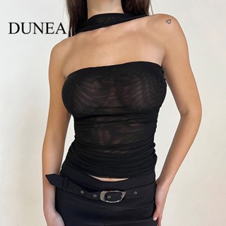 Dunea ผู้หญิง เซ็กซี่ ฤดูร้อน เชือกแขวนคอ ตาข่าย ปิดไหล่ เสื้อกล้ามตาข่าย