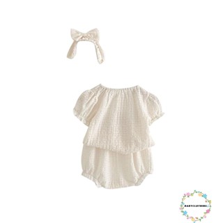 Babyclothes- ชุดเสื้อแขนสั้น พัฟ กางเกงขาสั้น ที่คาดผม ประดับโบว์ แฟชั่นฤดูร้อน สําหรับเด็กผู้หญิง 3 ชิ้น