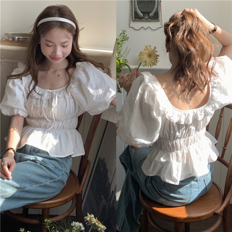 เสื้อเชิ้ต คอกลม แขนพอง เข้ารูป สีพื้น สไตล์เกาหลี แฟชั่นฤดูร้อน สําหรับผู้หญิง