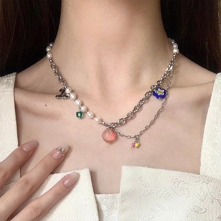 Autu สร้อยคอโซ่ จี้พีช ประดับมุกเทียม หรูหรา