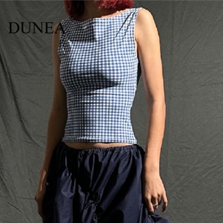 Dunea เสื้อสายเดี่ยว เปิดหลัง เข้ารูป ลายสก๊อต ประดับโบว์ สําหรับผู้หญิง