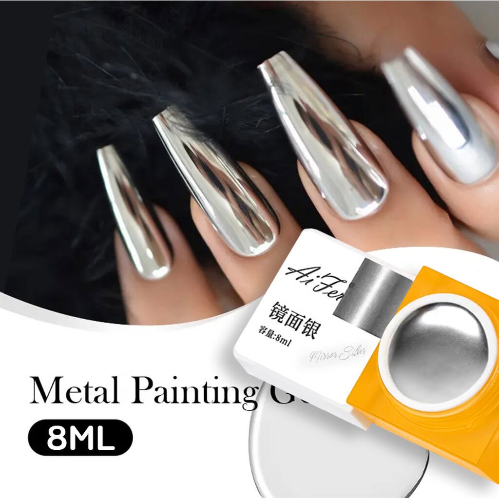 ( Aifer เมทัลลิค เจล สูตรใหม่ เงากว่า ) New Chrome Silver Metallic Gel สีเจลทาเล็บ สีเงินเมทัลลิก เงาโครเมียม
