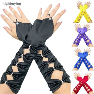 [highbuying] ถุงมือเจ้าสาว แบบยาว ยืดหยุ่น แต่งโบว์ จับจีบ สีฟ้า สําหรับงานพรอม งานเลี้ยงตอนเย็น