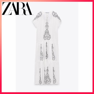 Zara ใหม่ ชุดมิดี้เดรส ผ้าฝ้าย ปักลาย สําหรับผู้หญิง