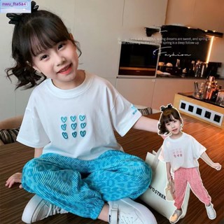 ชุดคอตตันสาว 2023 สาวใหม่สีแดงสาวสั้น -คู่ t -shirt anti -mosquito กางเกงสองชุดกีฬาสำหรับเด็ก