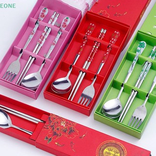 Eone ชุดช้อนส้อม สเตนเลส แบบพกพา สีฟ้า และสีขาว สําหรับเดินทาง 3 ชิ้น