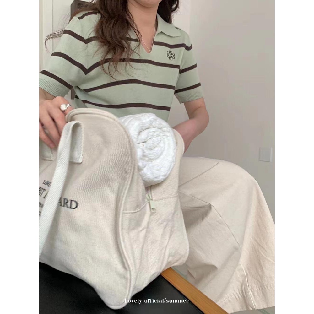 Lune_Grace.18013#เสื้อแขนสั้นคอปกลายทาง ผ้าไหมพรมผ้ายืดได้เยอะ แต่งลายปักที่หน้าอก สไตล์เกาหลี สวยมาก - รูปที่ 6