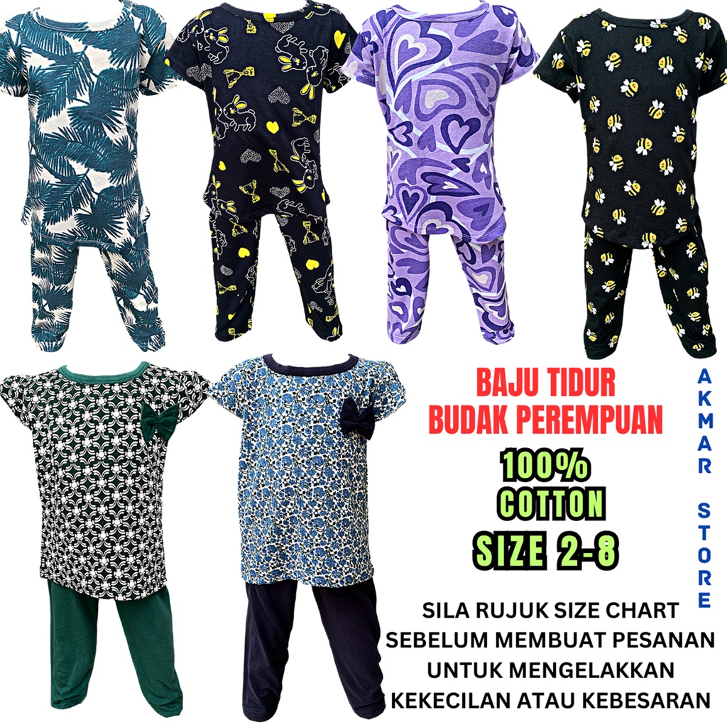 BAJU TIDUR BUDAK PEREMPUAN ขนาด 2-8, ผ้าฝ้าย 100%, เด็กผู้หญิง, PYJAMA BUDAK, ผู้หญิง SLEEPINGWEAR, 
