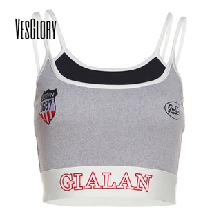 Vesglory เสื้อกล้ามลําลอง ปักลายตัวอักษร เข้ารูป สีตัดกัน สไตล์สปอร์ต สําหรับสตรี 2023